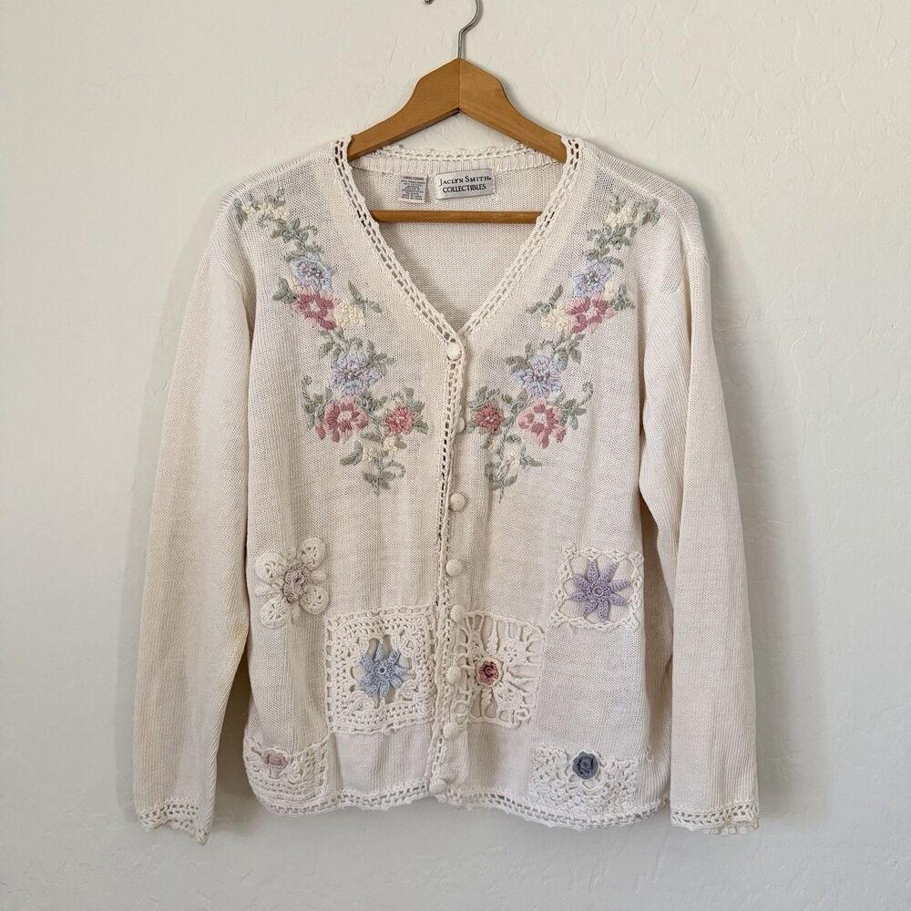 Vintage Jaclyn Smith Collectibles Cottagecore Cardigan Sweater Embroidered Croch